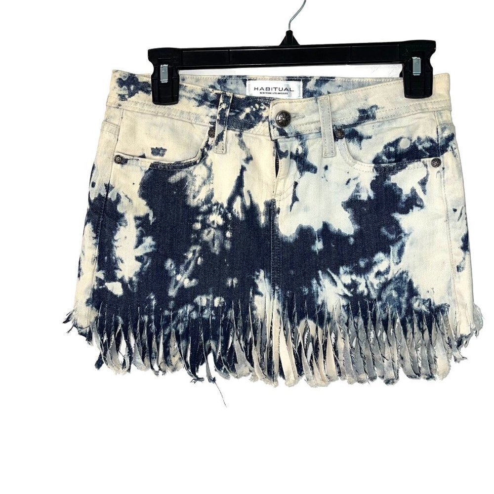Habitual Tie Dye Mini Skirt Womens Size 25 Denim Fringe Cotton Blue Made In USA